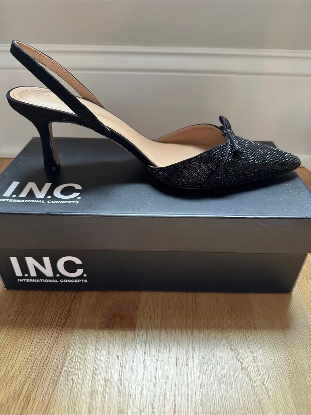 INC International Concepts Black Beaded Pointed Slingback Heels